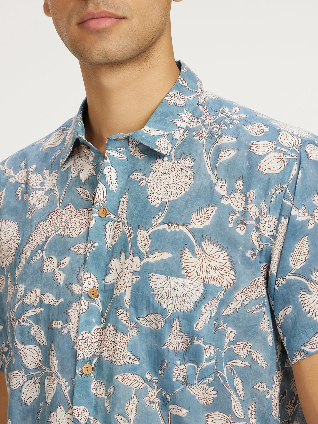 🪶 Blue Floral Block Printed Holiday Halfsleeves Mulmul Cotton Shirt