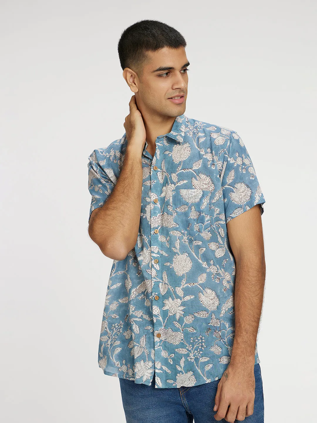 🪶 Blue Floral Block Printed Holiday Halfsleeves Mulmul Cotton Shirt