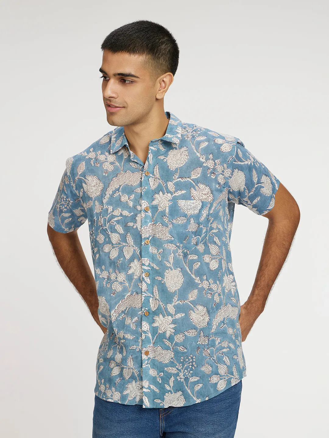 🪶 Blue Floral Block Printed Holiday Halfsleeves Mulmul Cotton Shirt