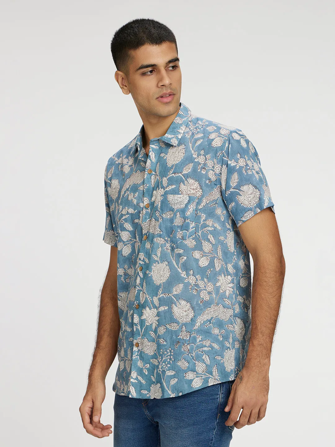 🪶 Blue Floral Block Printed Holiday Halfsleeves Mulmul Cotton Shirt