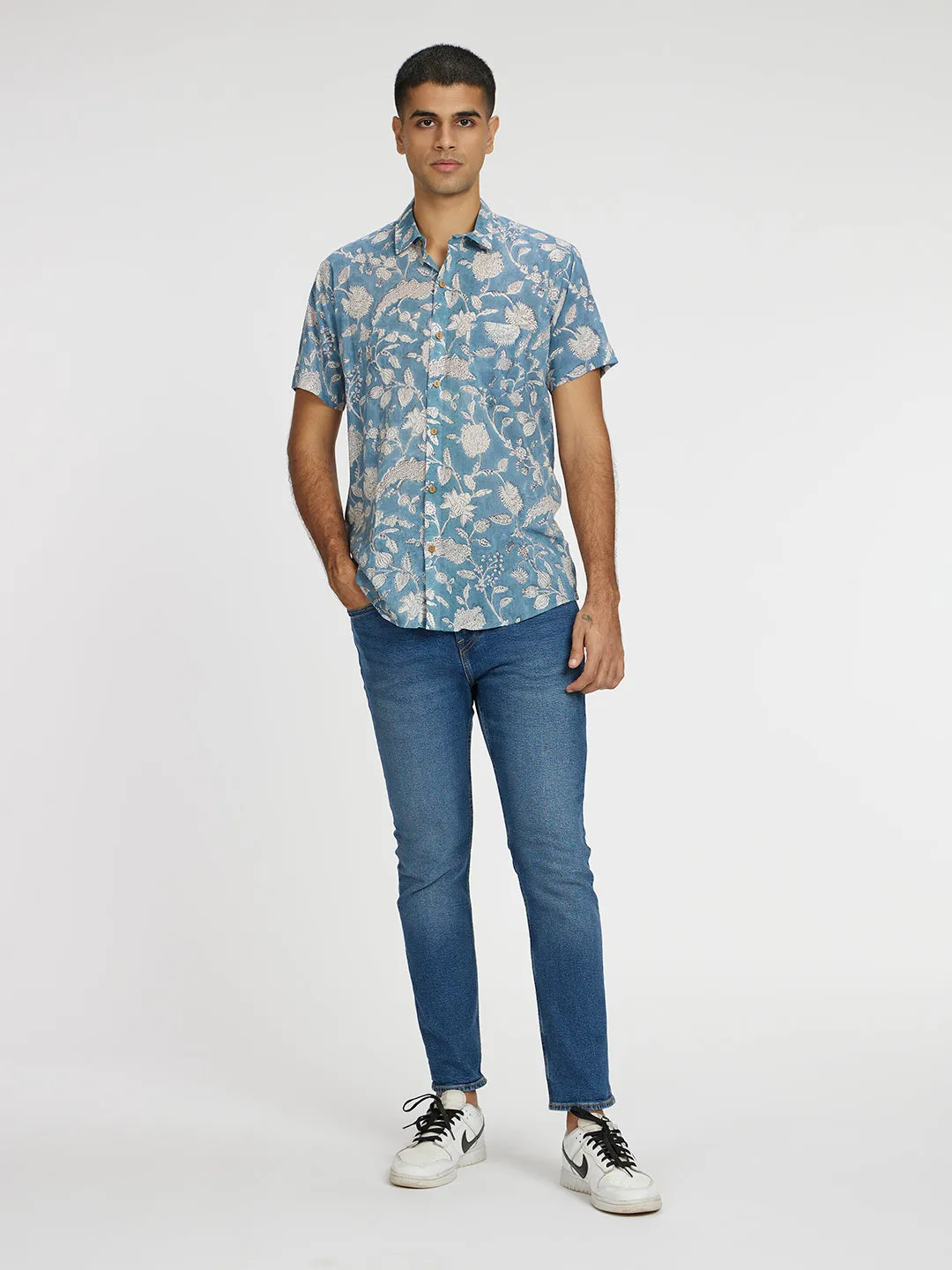 🪶 Blue Floral Block Printed Holiday Halfsleeves Mulmul Cotton Shirt