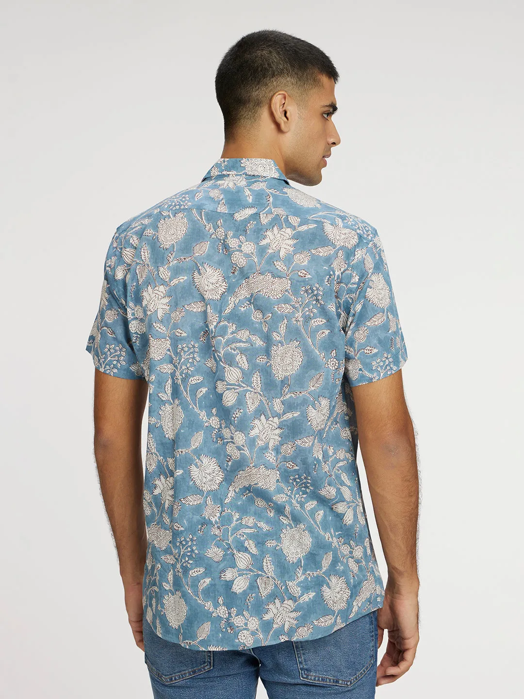 🪶 Blue Floral Block Printed Holiday Halfsleeves Mulmul Cotton Shirt