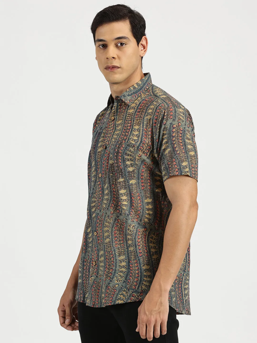 🪶 Emerald Nomad Block Printed Halfsleeves Mulmul Cotton Shirt