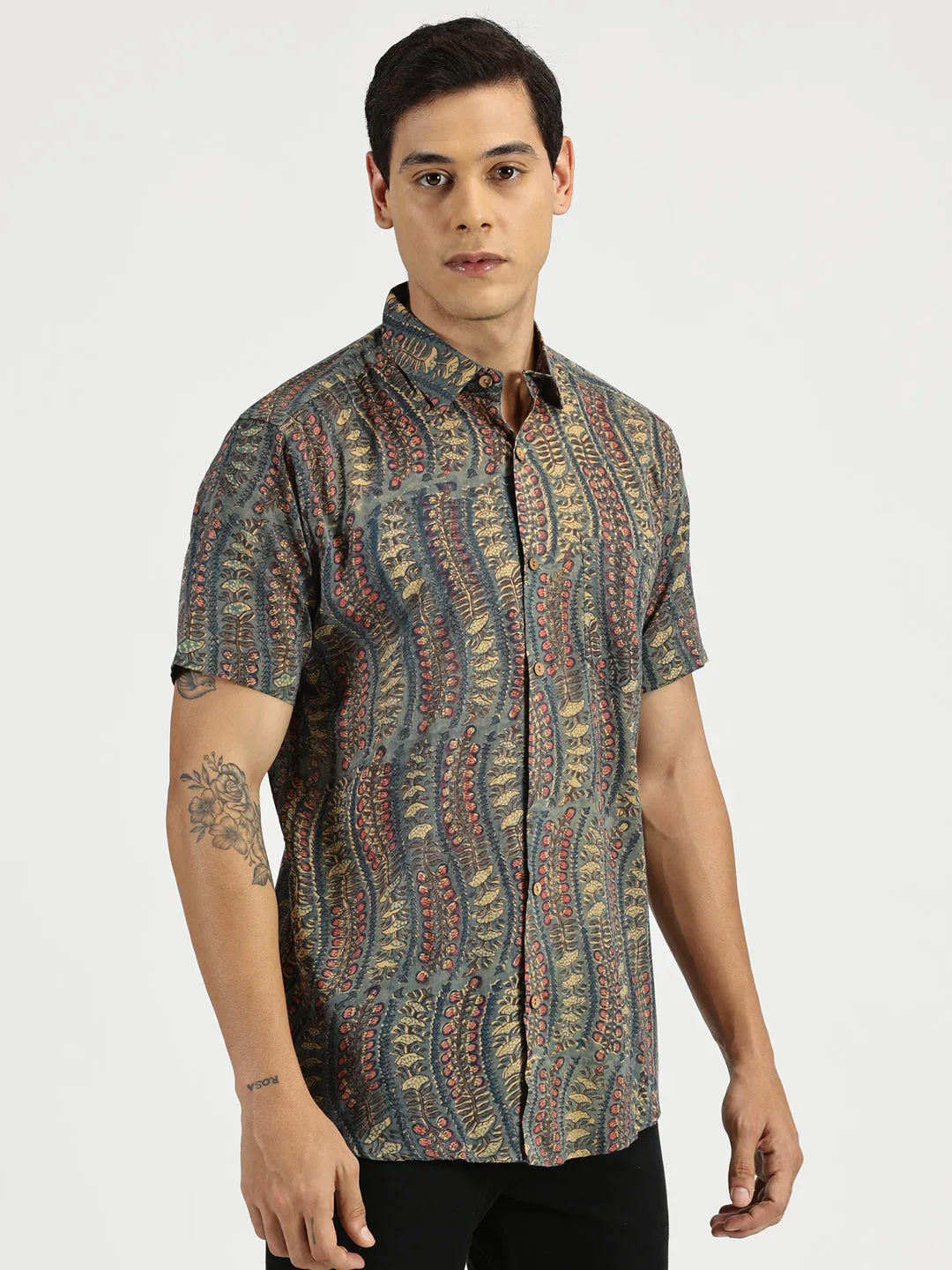 🪶 Emerald Nomad Block Printed Halfsleeves Mulmul Cotton Shirt