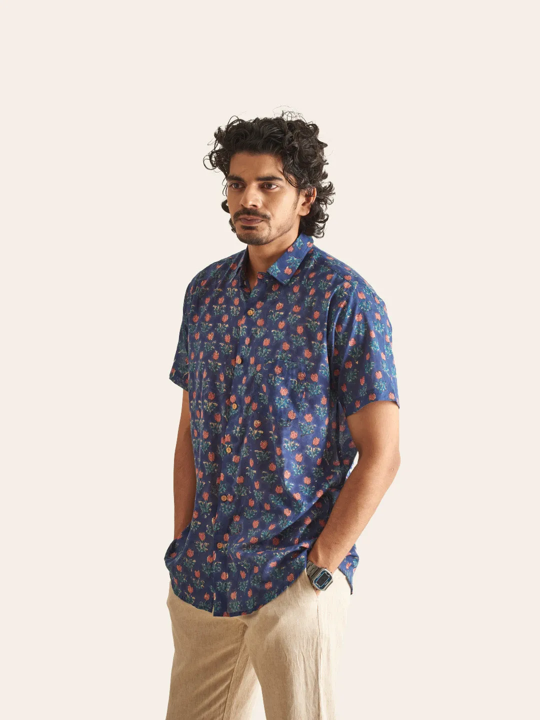 🪶 Navy Blue Floral Handblock Printed Mulmul Shirt