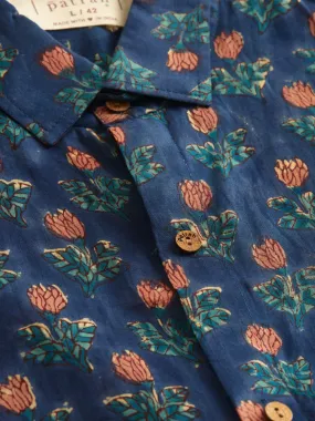 🪶 Navy Blue Floral Handblock Printed Mulmul Shirt