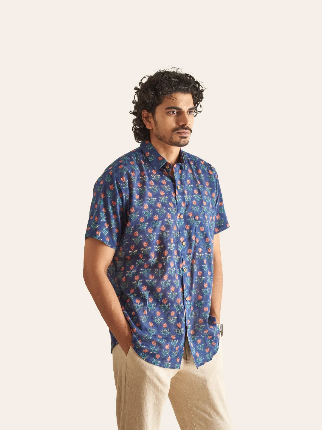 🪶 Navy Blue Floral Handblock Printed Mulmul Shirt