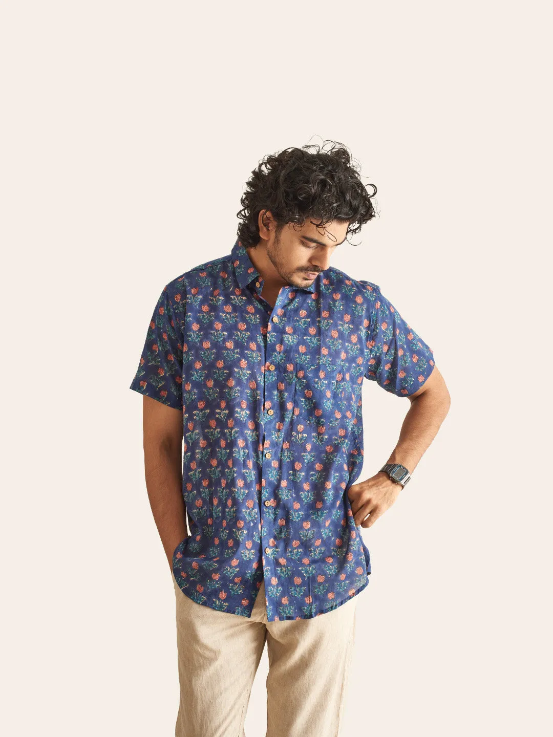 🪶 Navy Blue Floral Handblock Printed Mulmul Shirt