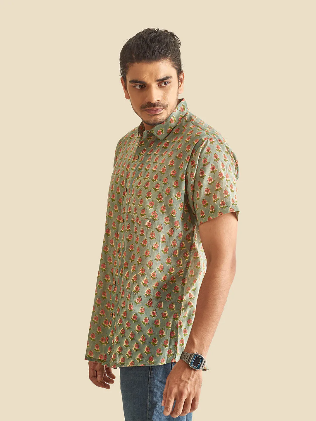 🪶 Olive Holiday Block Printed Halfsleeves Mulmul Cotton Shirt