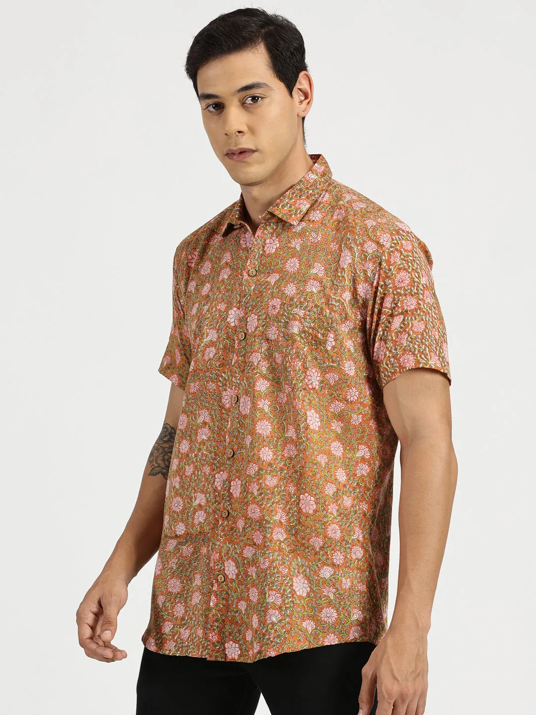 🪶 Rusty Blossom Block Printed Halfsleeves Mulmul Cotton Shirt