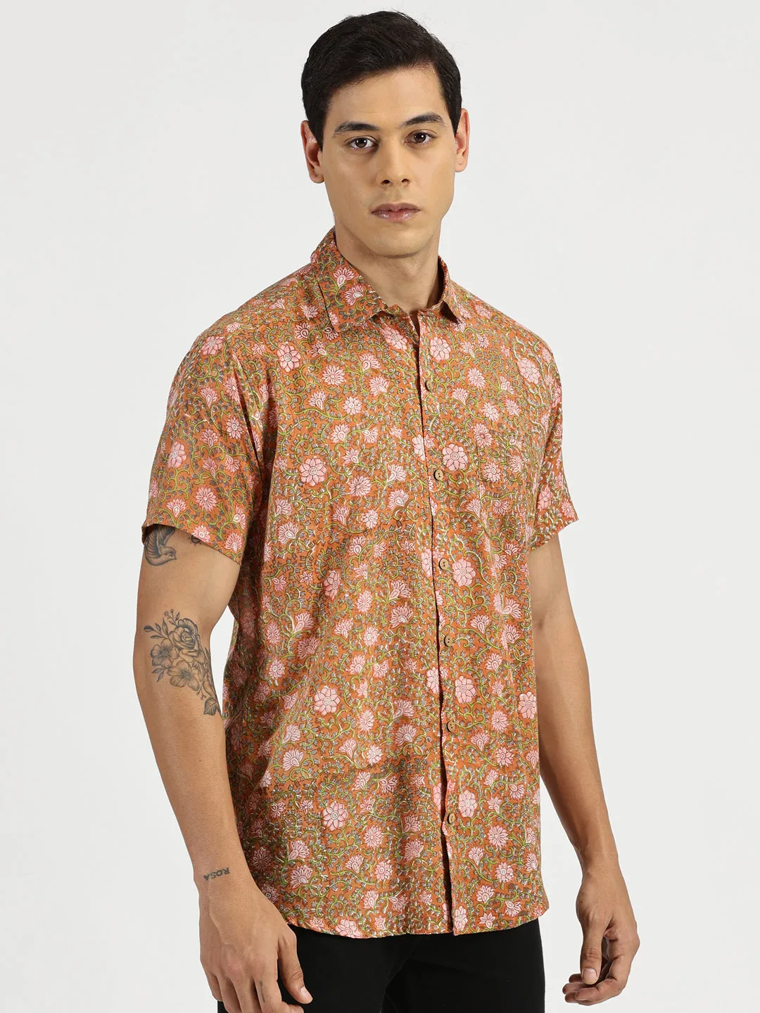 🪶 Rusty Blossom Block Printed Halfsleeves Mulmul Cotton Shirt