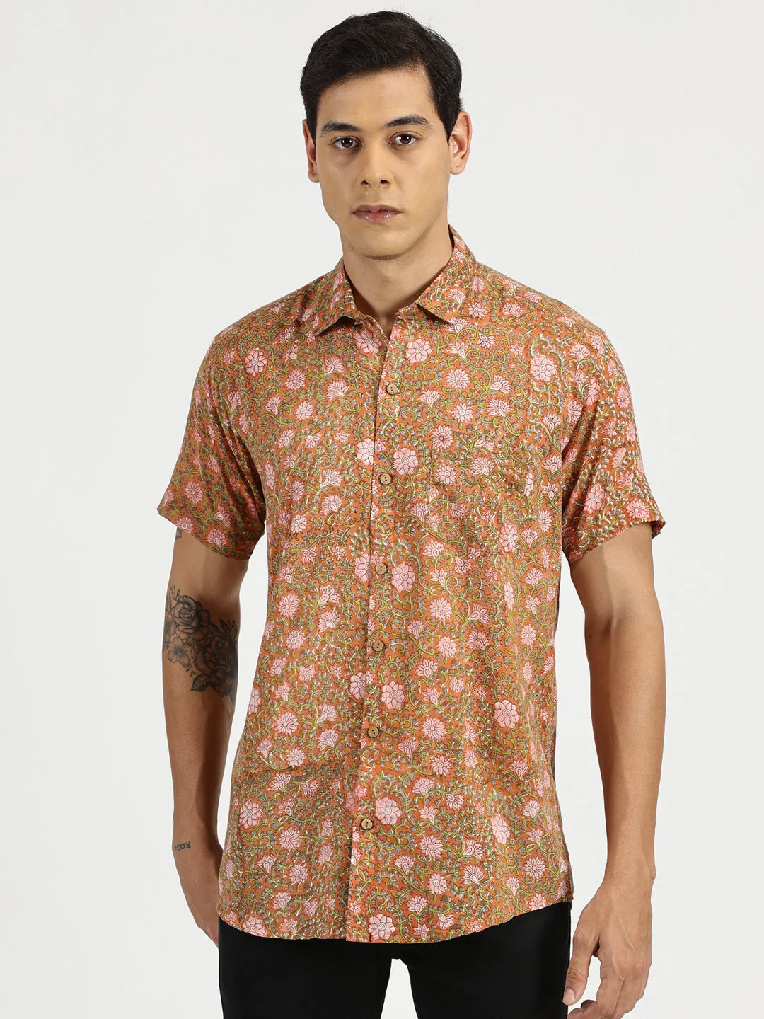 🪶 Rusty Blossom Block Printed Halfsleeves Mulmul Cotton Shirt