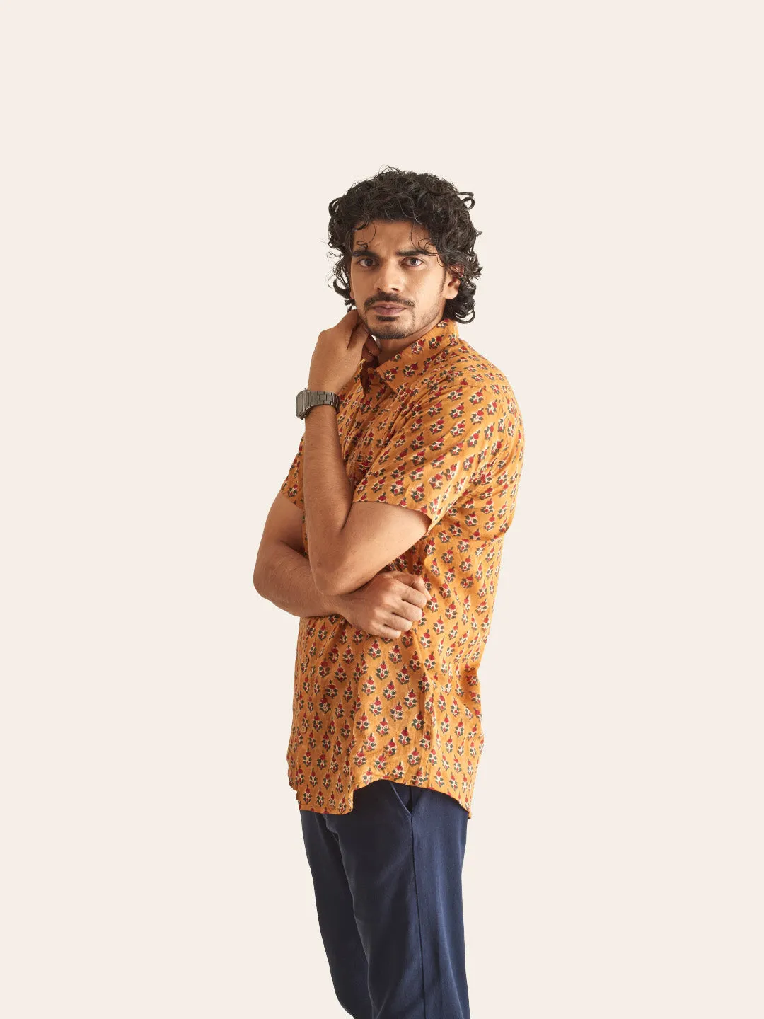 🪶 Rusty Tan Handblock Printed Mulmul Cotton Shirt