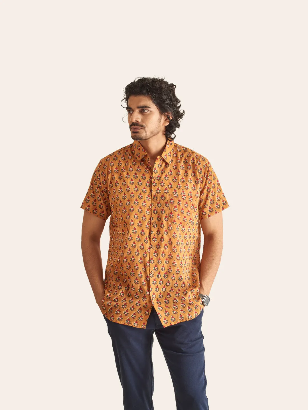 🪶 Rusty Tan Handblock Printed Mulmul Cotton Shirt