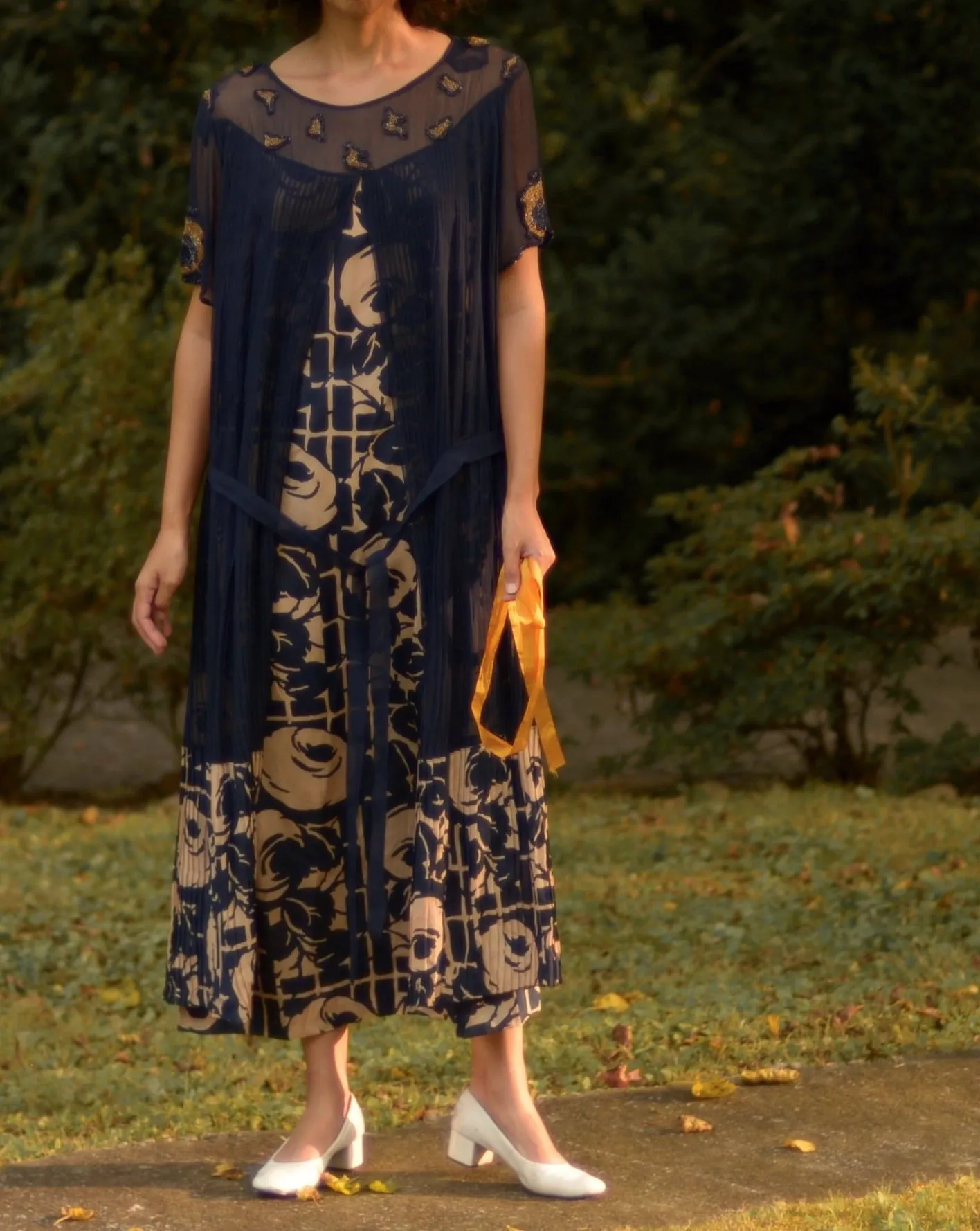 1920s navy blue and beige floral silk drop waist flapper dress