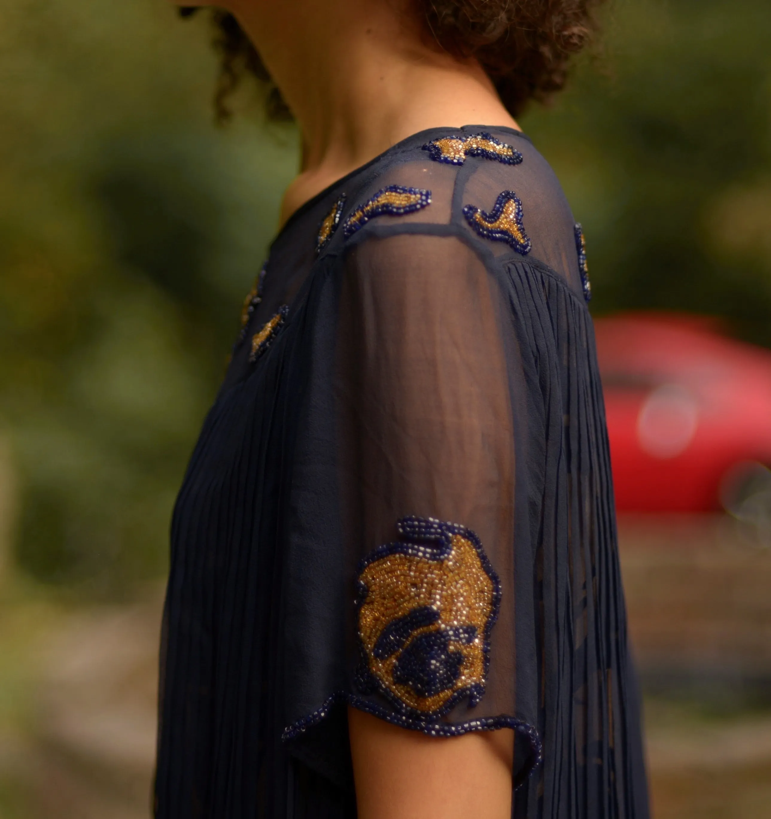 1920s navy blue and beige floral silk drop waist flapper dress