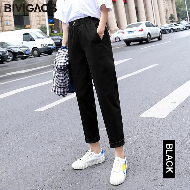 2021 New Spring Summer BIVIGAOS Women Casual Harem Pants Elastic Waist Triangle Buckle Cargo Pants Women