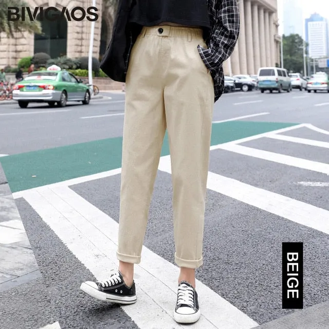 2021 New Spring Summer BIVIGAOS Women Casual Harem Pants Elastic Waist Triangle Buckle Cargo Pants Women