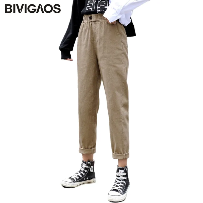 2021 New Spring Summer BIVIGAOS Women Casual Harem Pants Elastic Waist Triangle Buckle Cargo Pants Women