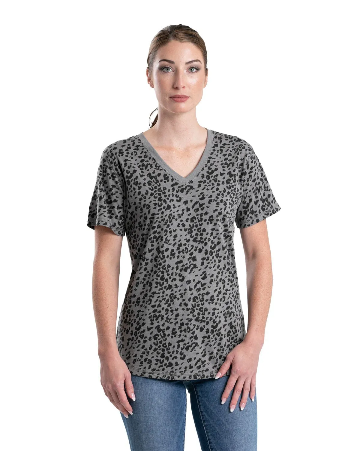 Berne Womens Performance V-Neck Animal Print Cotton Blend S/S T-Shirt