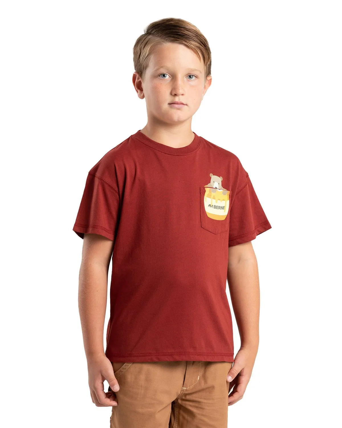 Berne Youth Unisex Honey Bear Pocket Brick Cotton Blend S/S T-Shirt