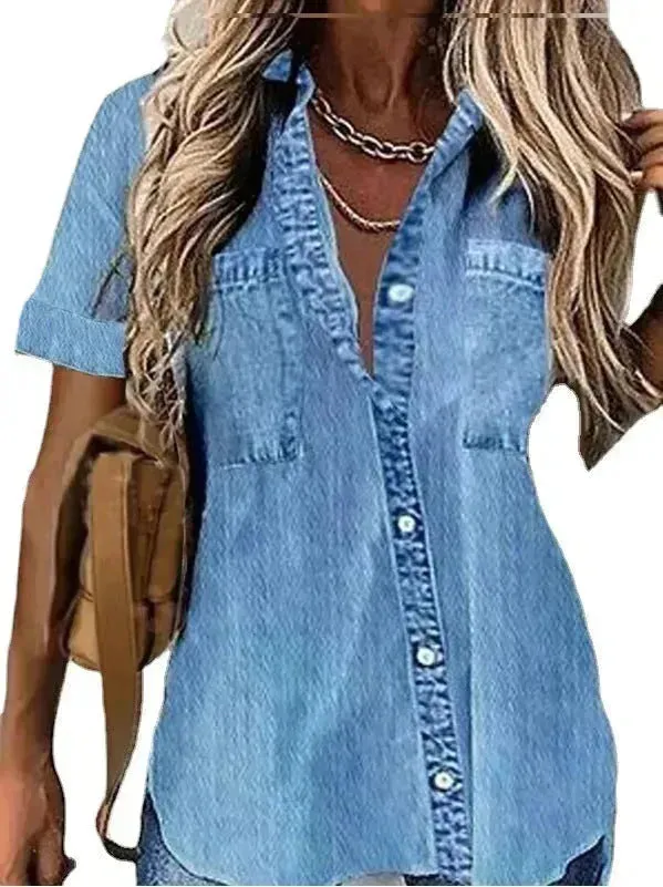 Best Women Loose Denim-like Printed Short-sleeved Shirt Jeans Denim Shirt dress Denim Top dress