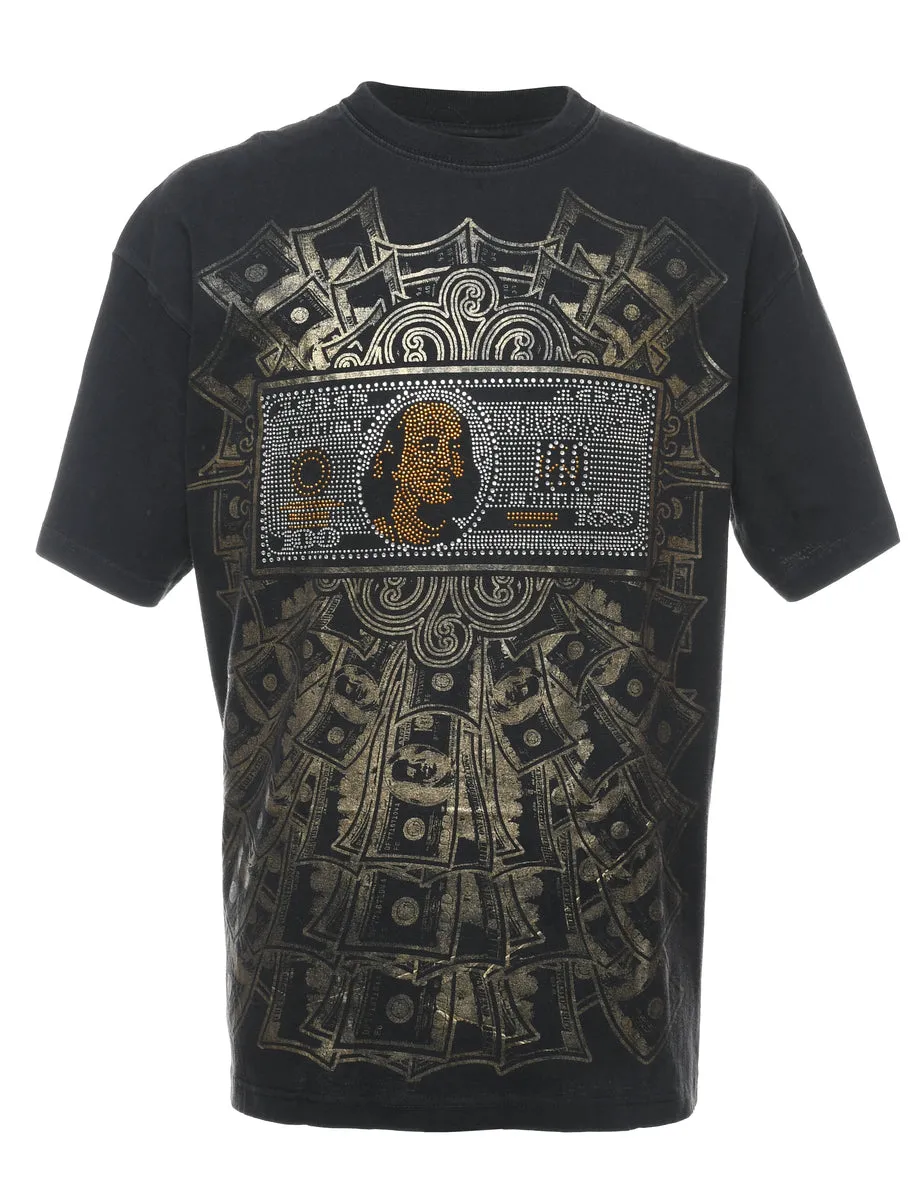 Black Embellished Money Design Y2K T-Shirt - XL