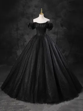 Black Sparkly Tulle Off the Shoulder Long Formal Dress, Elegant A-Line Black Evening Party Dress