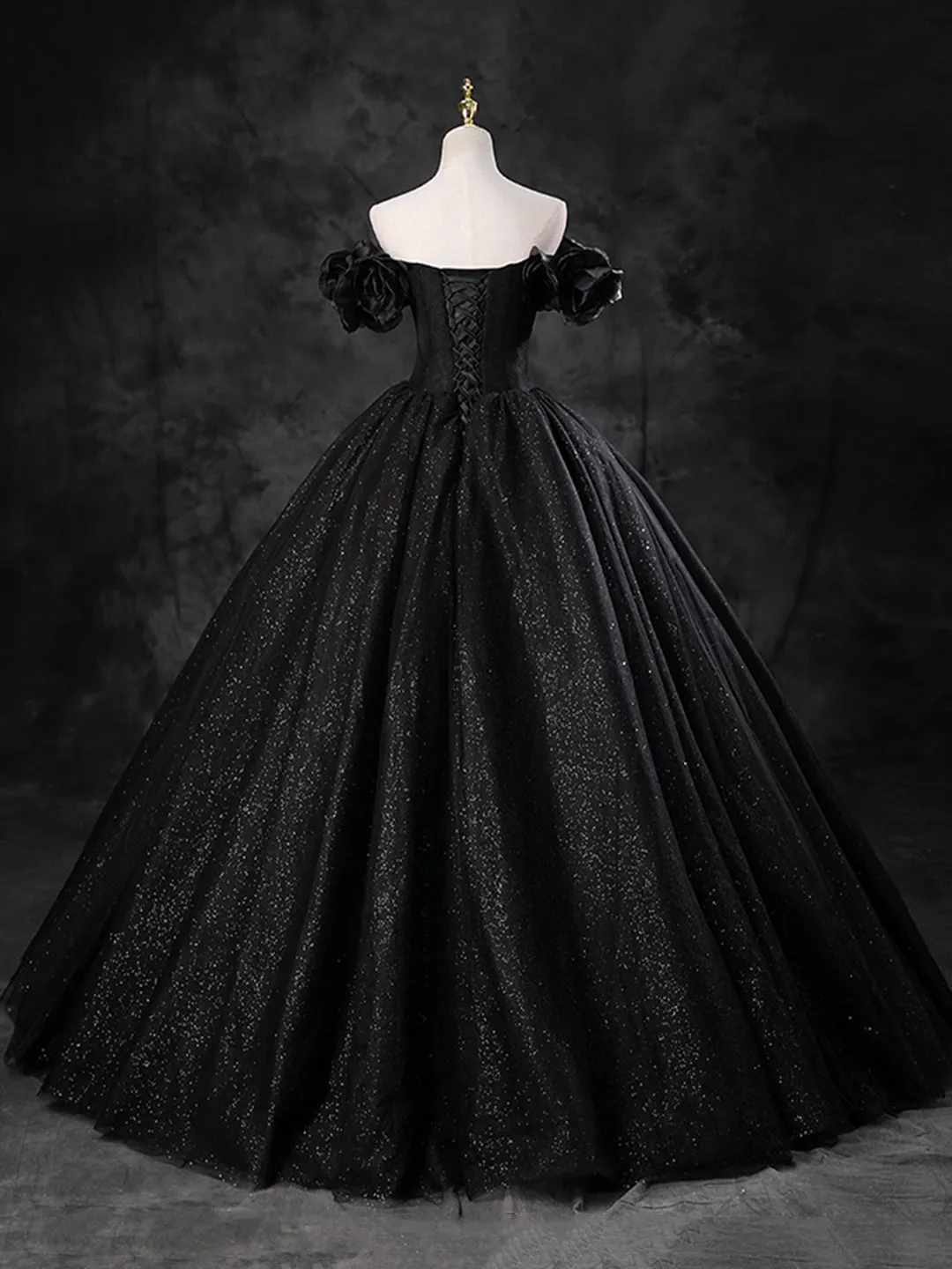 Black Sparkly Tulle Off the Shoulder Long Formal Dress, Elegant A-Line Black Evening Party Dress