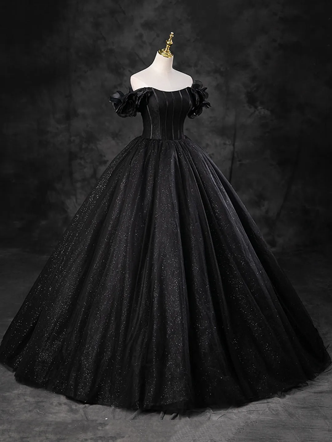 Black Sparkly Tulle Off the Shoulder Long Formal Dress, Elegant A-Line Black Evening Party Dress