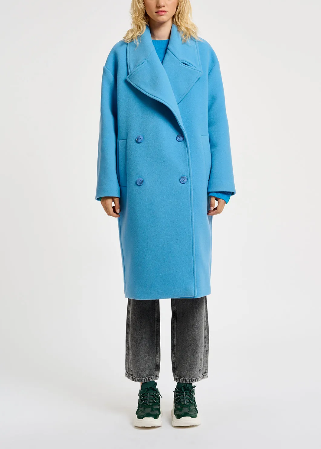 Blue double-breasted wool-blend coat