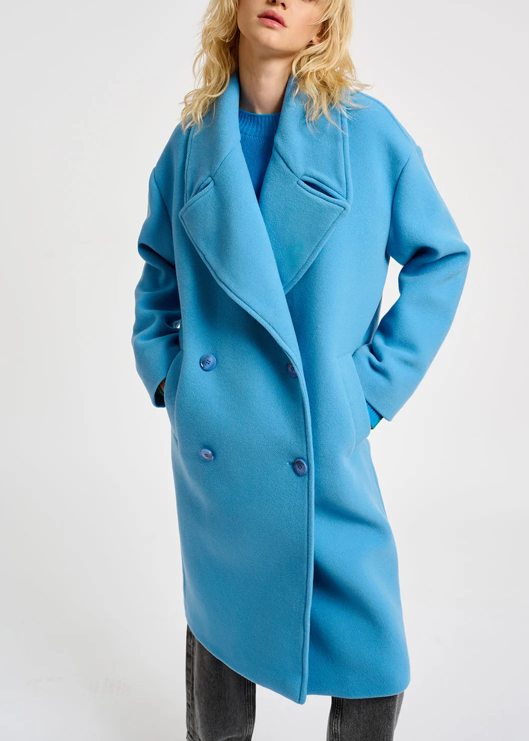 Blue double-breasted wool-blend coat