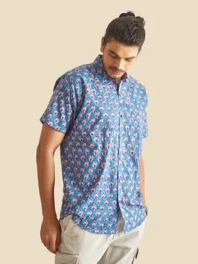 Blue Floral Block Printed Halfsleeves Cotton Shirt