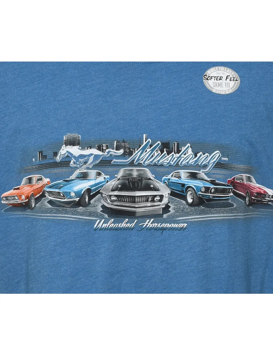 Blue Mustang Design Printed T-shirt - XL