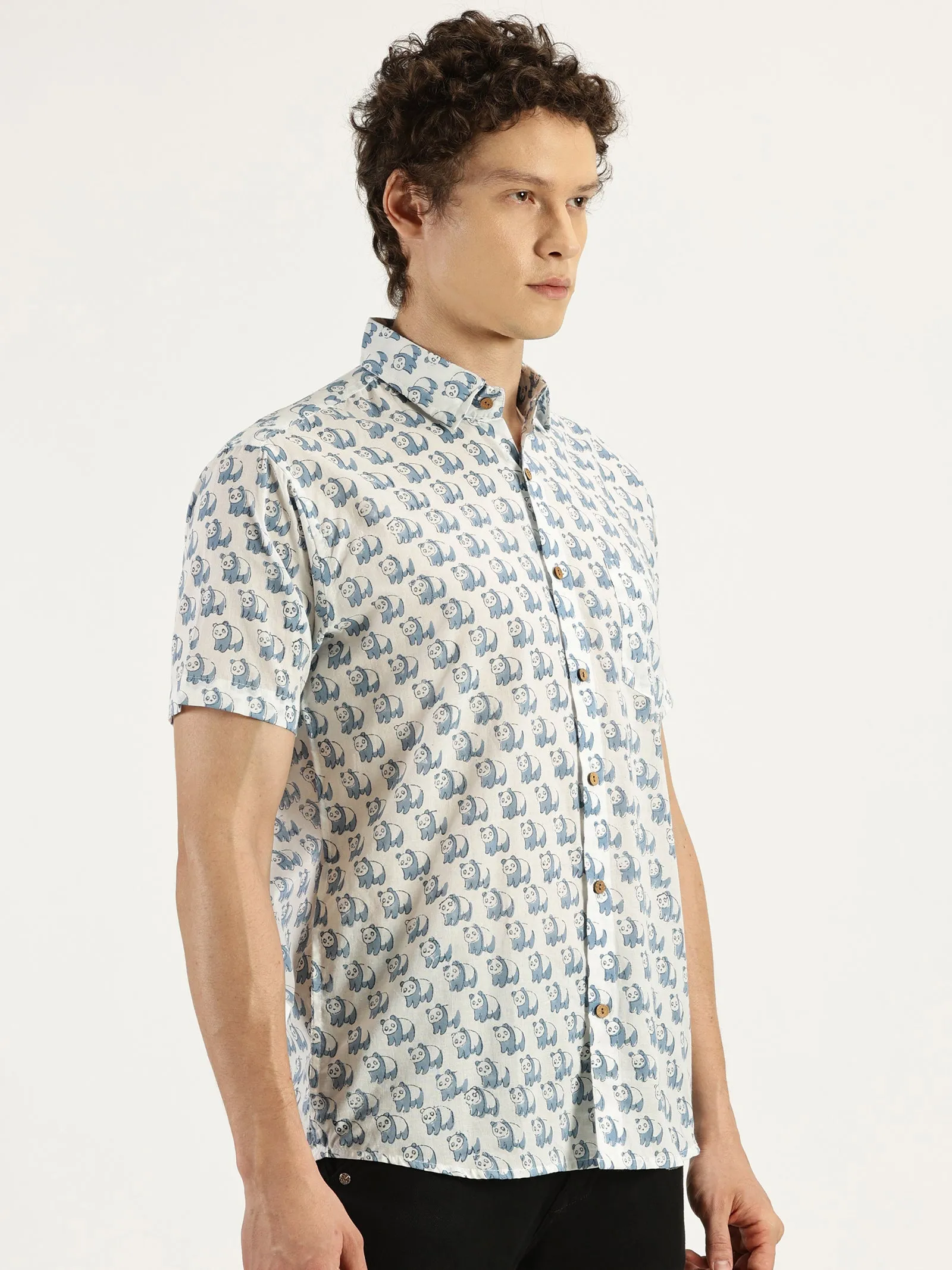 Blue Panda Block Printed Halfsleeves Cotton Shirt