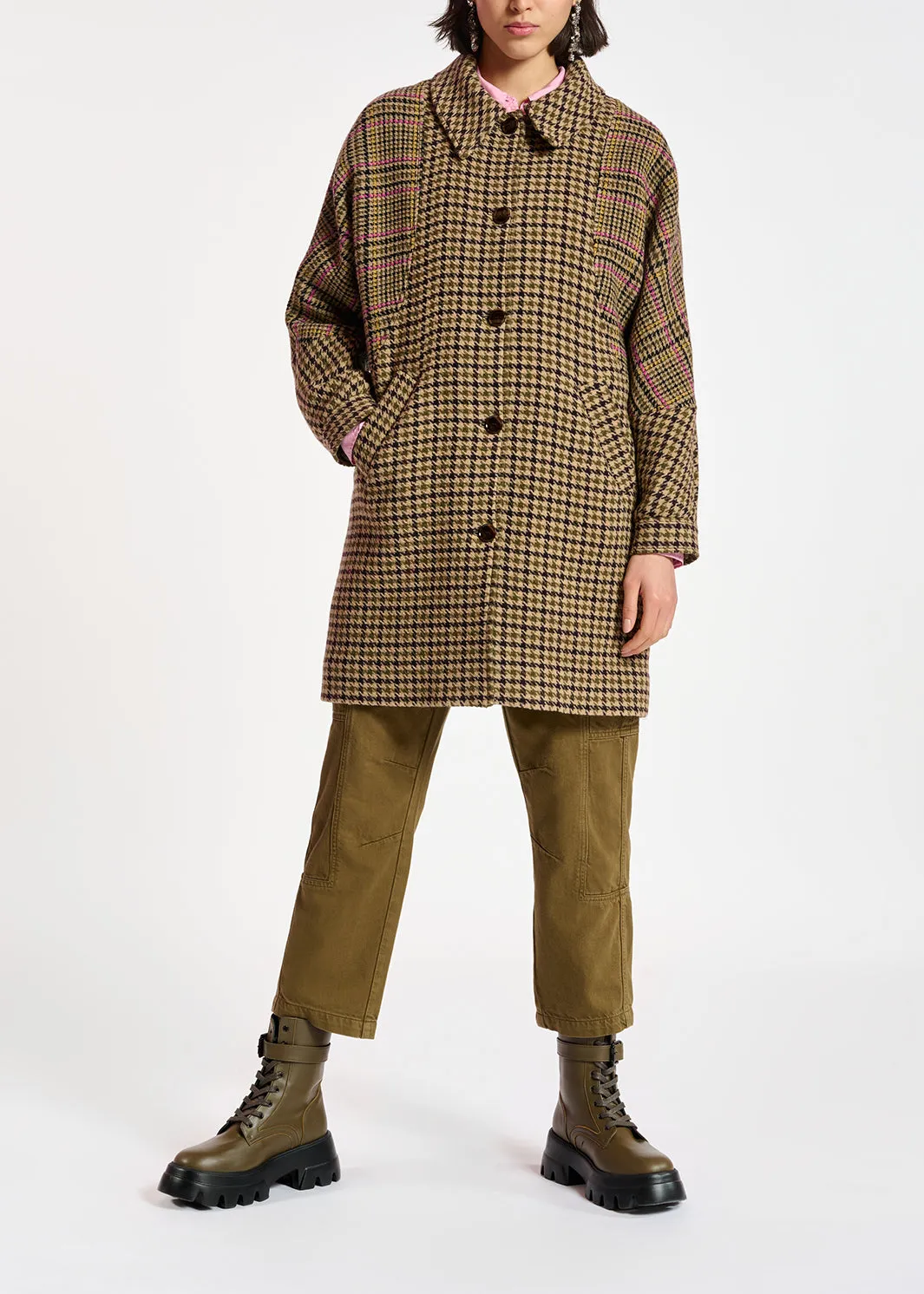 Brown houndstooth wool-blend coat