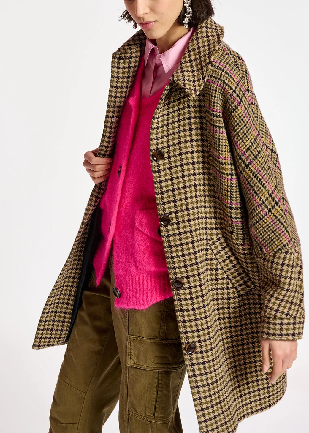 Brown houndstooth wool-blend coat