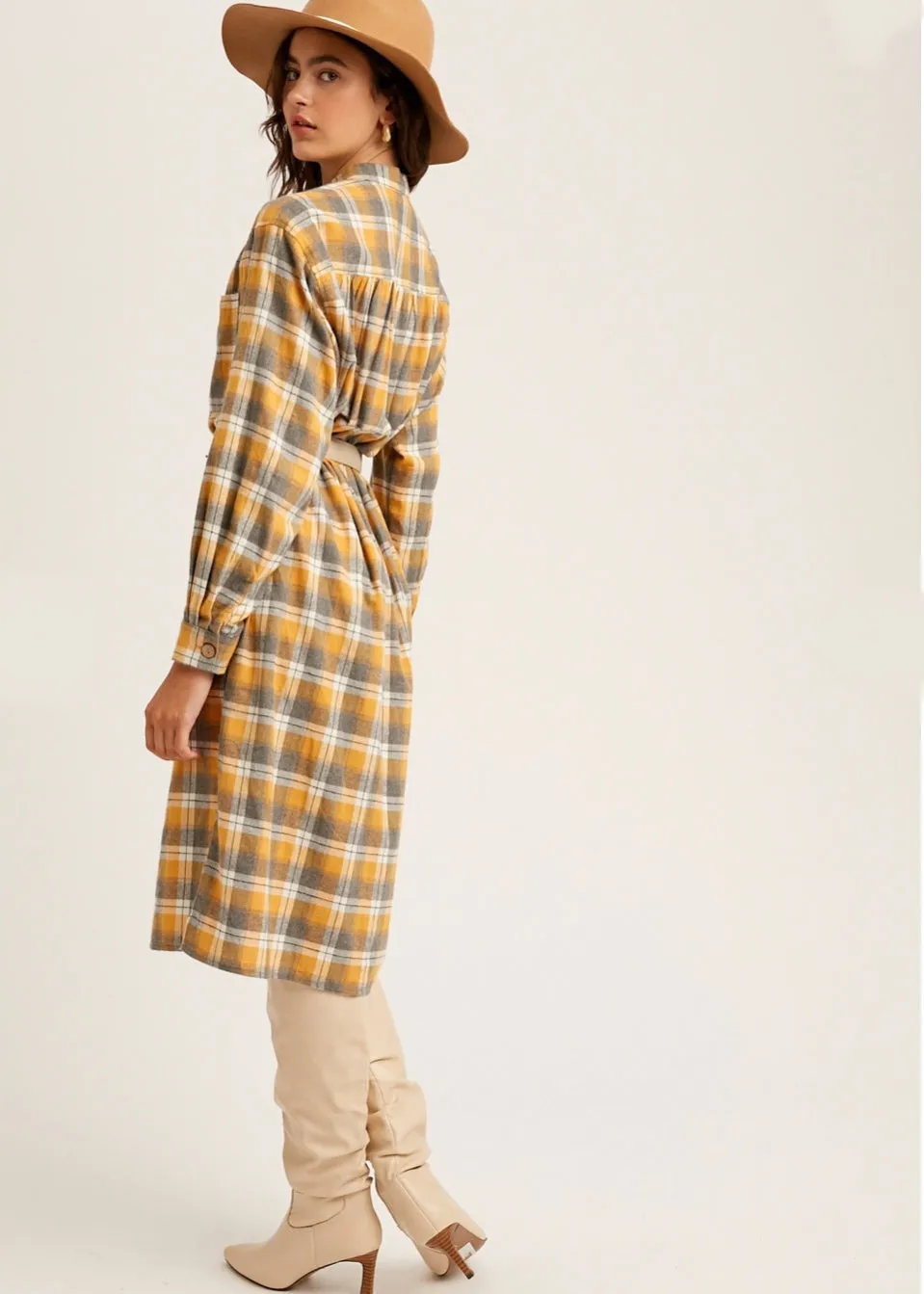 Charlie, Women's Plaid Flannel Knee Length Shirt Dress, Blue Plaid or Yellow Plaid