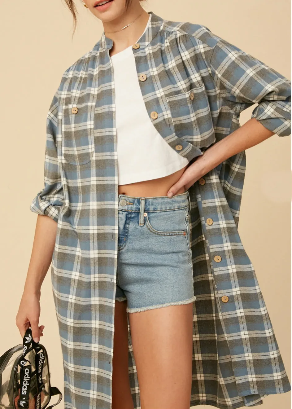 Charlie, Women's Plaid Flannel Knee Length Shirt Dress, Blue Plaid or Yellow Plaid