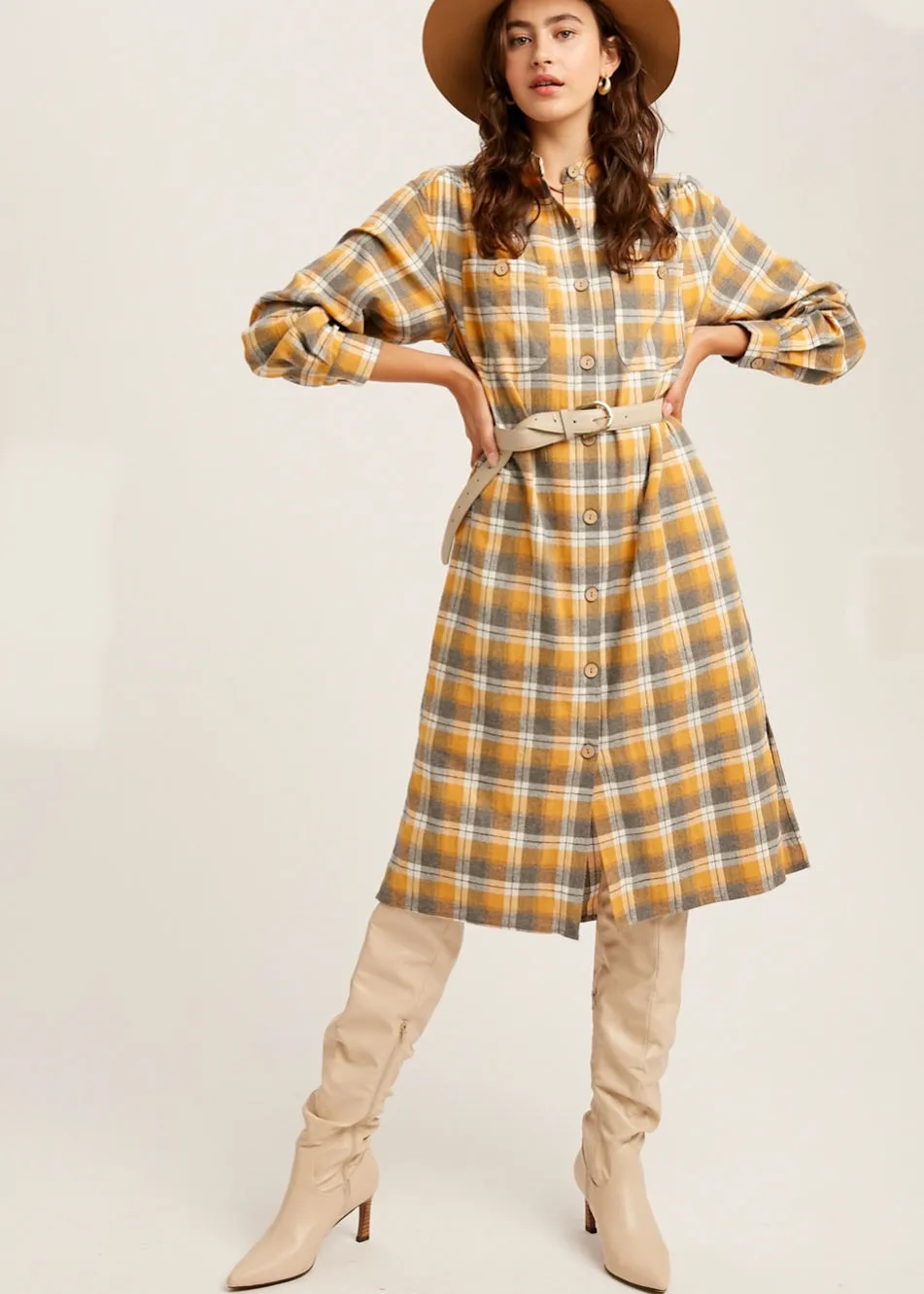 Charlie, Women's Plaid Flannel Knee Length Shirt Dress, Blue Plaid or Yellow Plaid