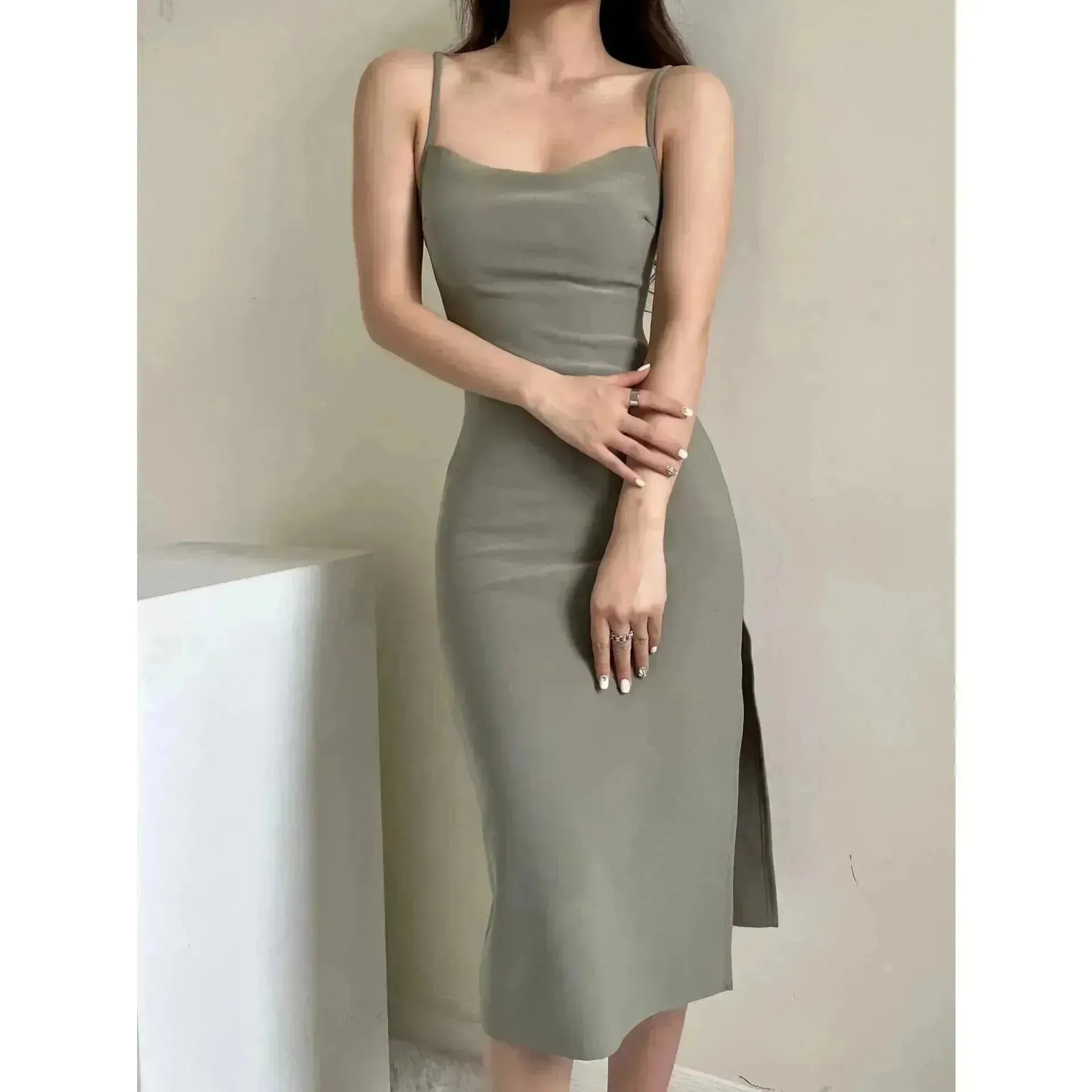 European And American Style Sold Color Sleeveless Midi Suspender Split Dress