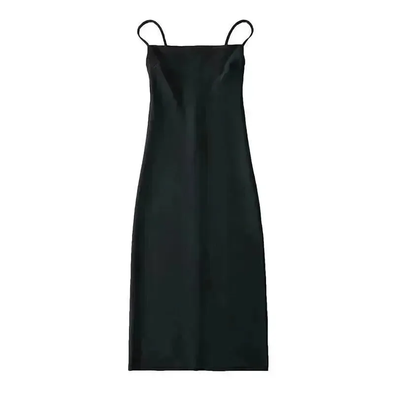 European And American Style Sold Color Sleeveless Midi Suspender Split Dress