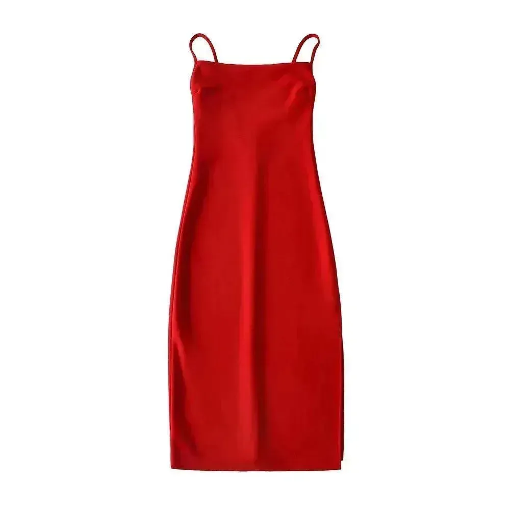 European And American Style Sold Color Sleeveless Midi Suspender Split Dress