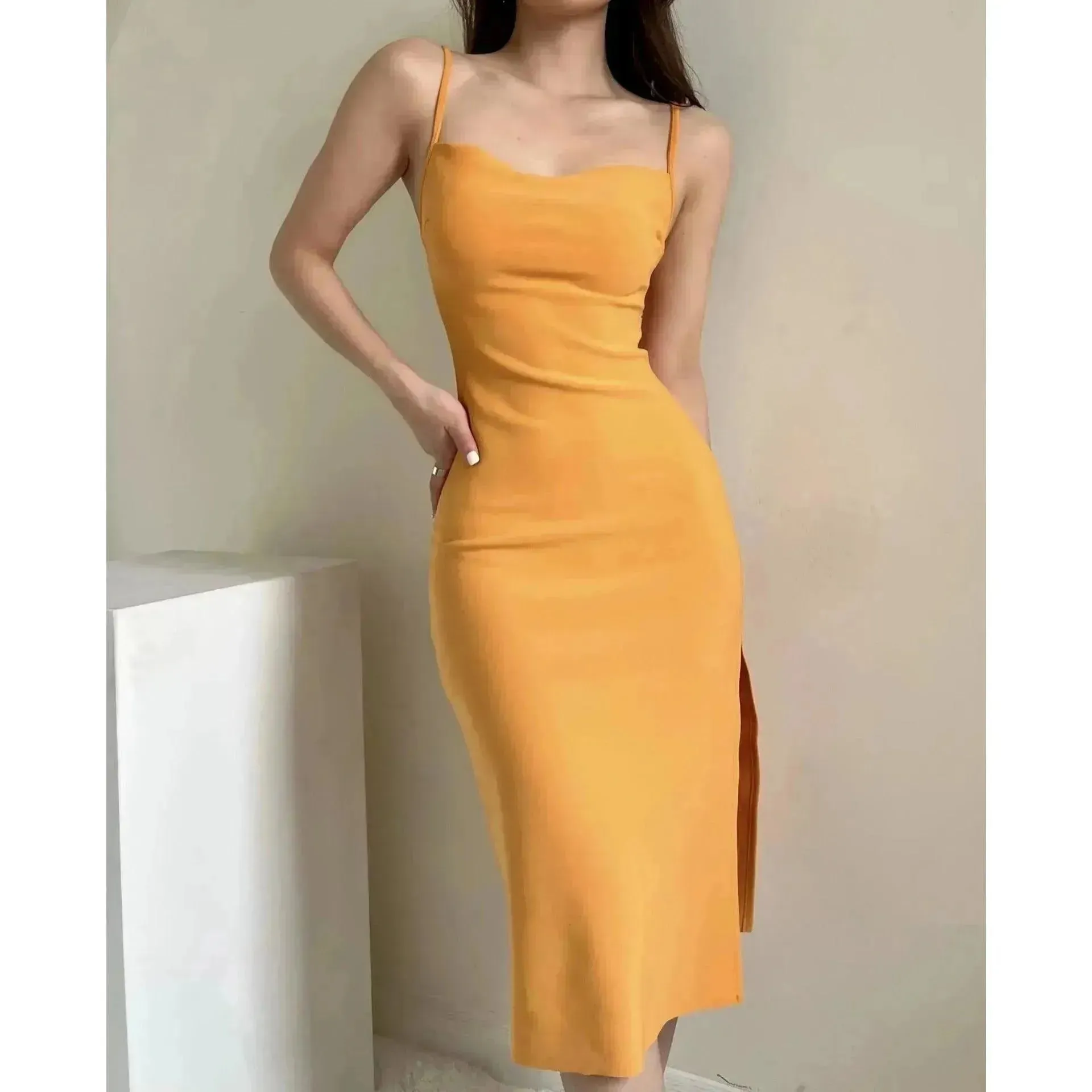 European And American Style Sold Color Sleeveless Midi Suspender Split Dress