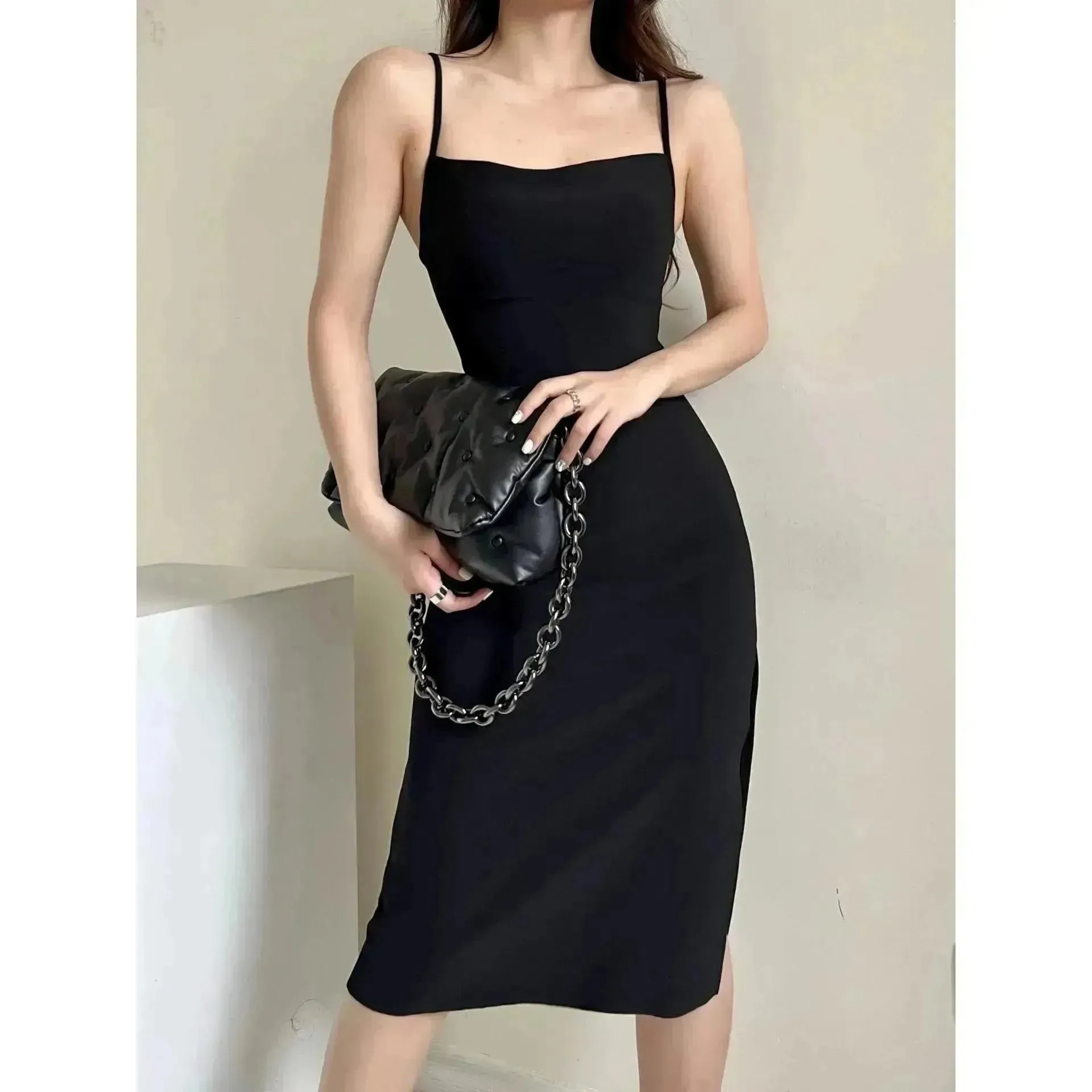 European And American Style Sold Color Sleeveless Midi Suspender Split Dress