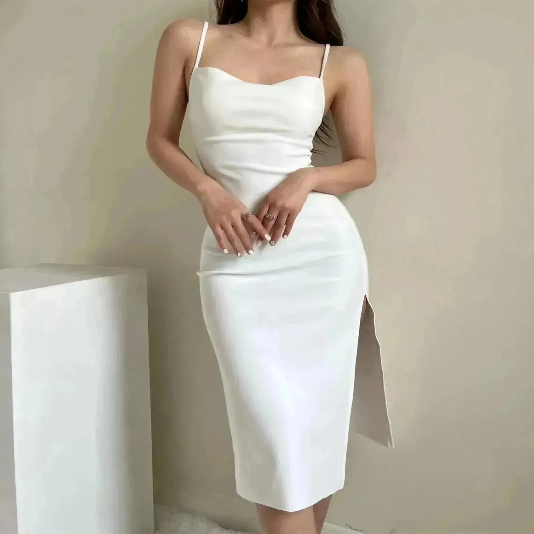 European And American Style Sold Color Sleeveless Midi Suspender Split Dress