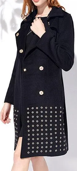 Eyelet-Embroidered Wool-Blend Coat, Black