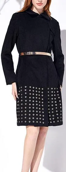 Eyelet-Embroidered Wool-Blend Coat, Black