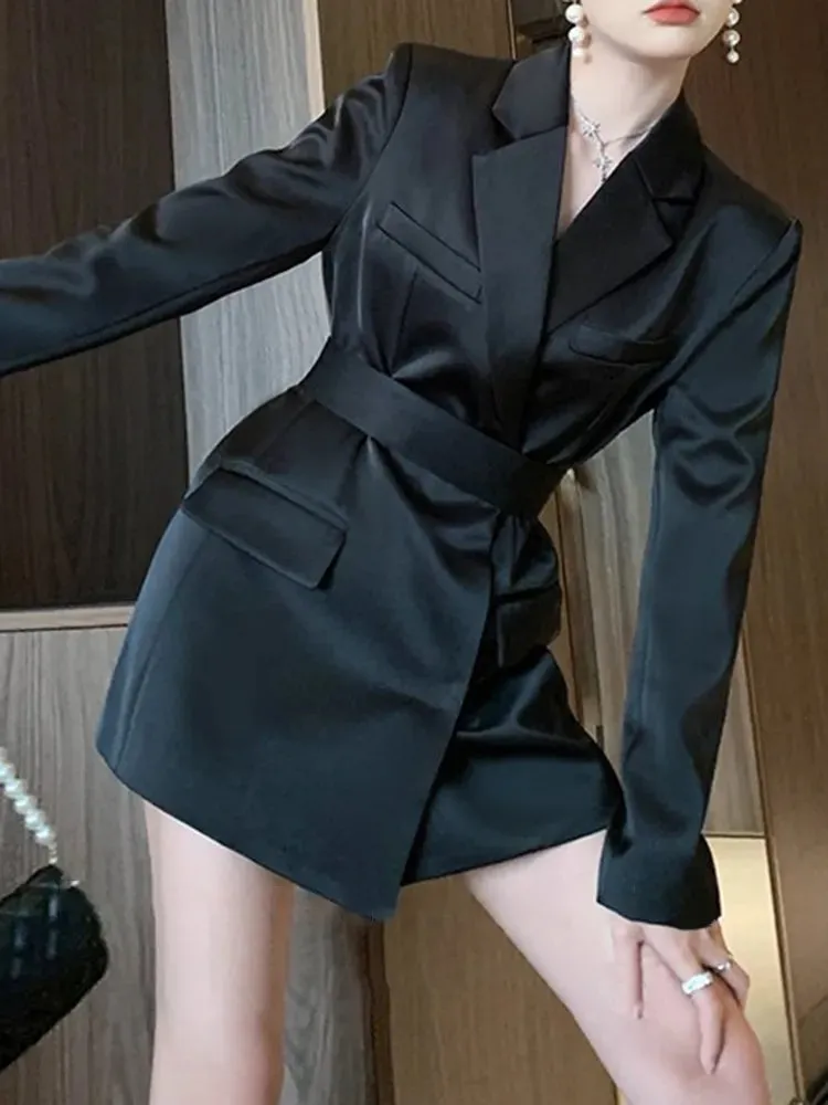 Fashion Sashes Solid Blazer For Women Notched Collar Long Sleeve Single Breasted Blazers Female Clothing