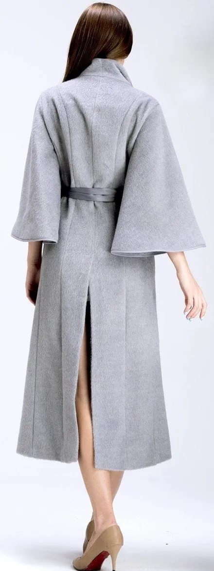 Flared Cape-Sleeve Textured Long Wool Coat in Grey